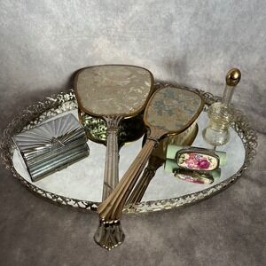 Antique Vanity Set Mirror Tray, Hand Mirror, & Brush Vtg Floral Ornate Filigree